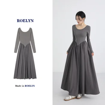 Roelyn¢Френското трикотажное рокля в стил мозайка с кръгло деколте, което изглежда страхотно в началото на есента в комбинация с дълга пола