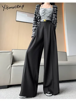 Костюми Yitimuceng, Широки панталони, дамски Есен-зима 2023, Нови Модни панталони с висока талия, всеки ден прави панталони по цялата дължина с колан