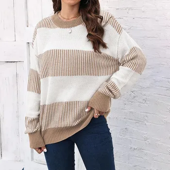 Жена пуловер есен поло, вязаный пуловер райе с голямо кръгло деколте, Без пуловер, пуловер за офис, дамски пуловер Оверсайз с дълъг ръкав