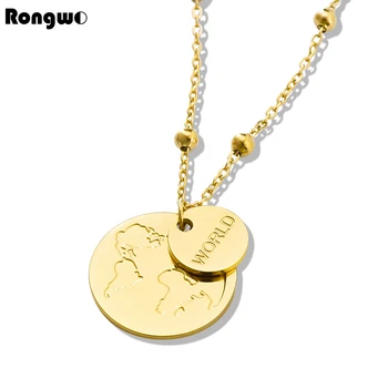 Колие с отложено във формата на монета с карта на света Rongwo от неръждаема стомана, Водоустойчив бижута златен цвят, модерни подаръци за жени и момичета