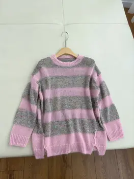 2023 нов дамски модерен секси случайни розов пуловер от мохера с пайети и дълги ръкави 1107