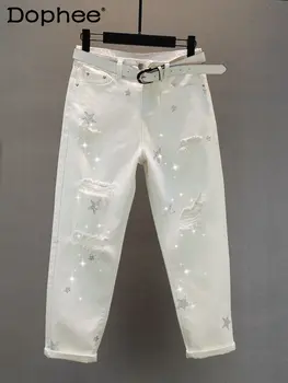 Модни бели дънкови панталони за жени, панталони 2023, летни Нови Тънки свободни, за отслабване, с кристали, скъсани дънки, панталони-цигари