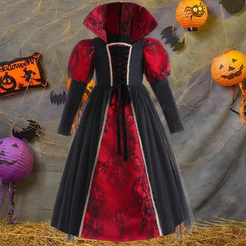 Луксозен доброто карнавалния костюм на вампир, черно сетчатое рокля с влак, детски cosplay на Хелоуин За момичета, дрехи за момчета костюми