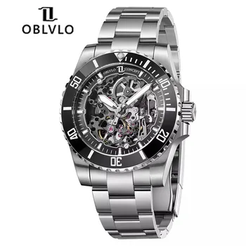 OBLVLO Мъжки механичен часовник Skeleton от неръждаема стомана 316L със сапфир огледало, водоустойчив мъжки часовник за гмуркане на 200 м