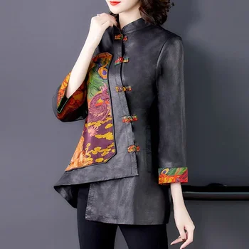 Облекло в Китайски Стил, Дамски Кожени Якета 2020, Модерни Нови Реколта Асиметрични Цветни Блокове, Женски Китайски Върховете 11905
