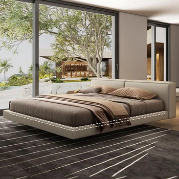 Кожена плаващ легло в италиански стил от тофу, мека чанта за главната спалня, сватбена легло, двойно легло в минималистичен стил