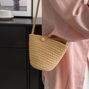 Дамска чанта-кофа от памучни въжета, тканая чанта ръчна изработка, лятна плажна чанта от съвсем малък, чанта през рамо, чантата си, скъпа чанта-тоут