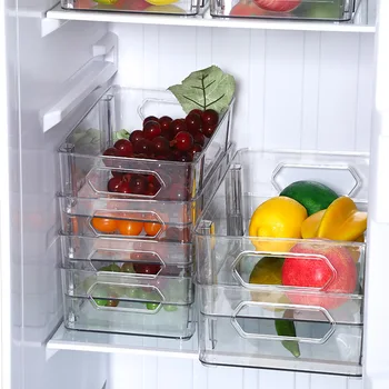 Кутия за съхранение на хладилника Кутия за съхранение на продукти, зеленчуци, плодове, Органайзер за хладилник, Кошница за източване на Месо, лук, джинджифил, по-прозрачен и хрупкави цвят