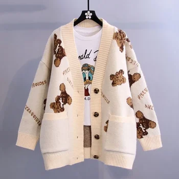 LKSK Пуловер с надпис Little Bear, палта, секси Свободно и утолщенное, есен 2023, Нова корейска версия мързелив универсална плетени