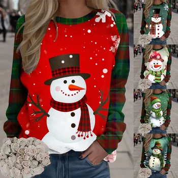 Hoody с принтом Коледен снежен човек, дамски есен hoody с дълъг ръкав и кръгло деколте, Коледен пуловер, потник, градинска дрехи, Sudaderas