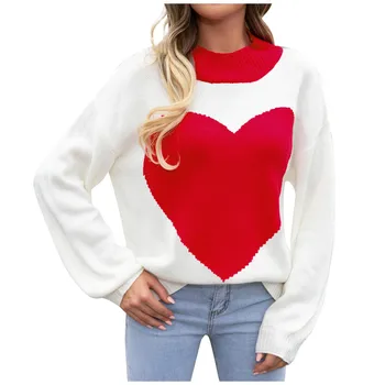 Жените в есенно-зимната мода, Вязаный пуловер с принтом Любов, Дълъг ръкав, Кръгъл отвор на вратата, пуловер. Дамски блузи-ризи