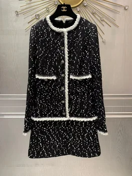 2023 Есен/зима Ново женствена рокля от плътен твида с черно-бели искри CC