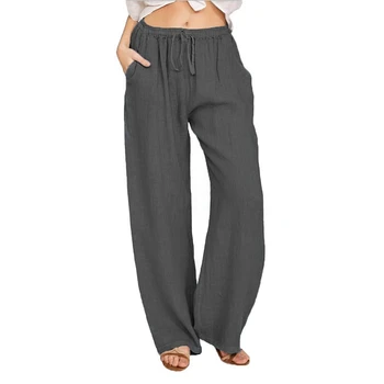 Дамски панталони за отдих, Лятна Обикновена свободни панталони от памук и лен, модни панталони с завязками големи размери, дамски спортни панталони