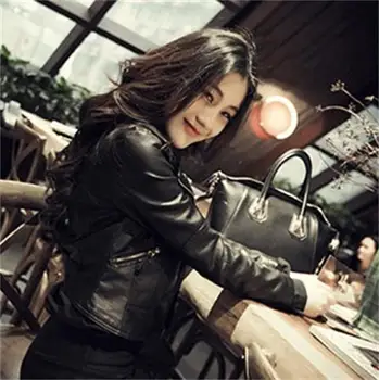 Яке от изкуствена кожа Дамска Мода Ярки Цветове Черно мотоциклетное козината е Къса байкерская яке от изкуствена кожа Мека Дамско яке Есен