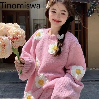 Tinomiswa Флорални Апликации, Красиви Пуловери, Дамски Корейски Шик Модни Нежни Универсални Пуловери, Дамски Свободни Основни Пуловери Sueter Mujer