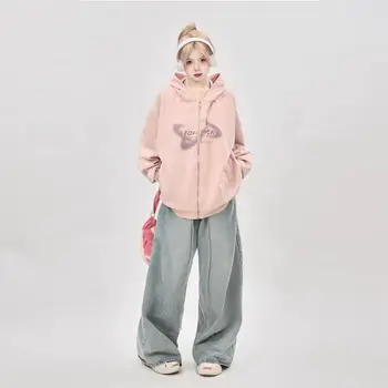 Нова мода Y2k, hoody с цип, Розова жилетка, Пуловер оверсайз, Дамски дрехи в корейски стил, Есенен дизайн, с дълъг ръкав, Ретро топ