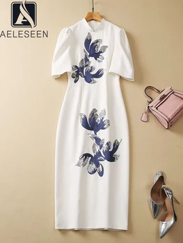 AELESEEN Женски Лятна Бяла рокля на модния подиум, Модни Поло, ръкав-дъждобран с цветна бродерия, расшитый пайети Елегантна парти Midi