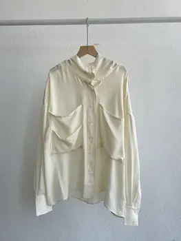 2024 Пролетната Дамска мода 100% Коприна, Свободна блуза с дълги ръкави, Елегантна Дама, Универсални Однобортные Потник, риза