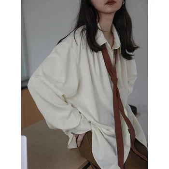 2024 Пролетната Дамска риза с дълъг ръкав, блуза с однотонным равенство в Корейски стил, Дамски Свободна Проста дрехи с дълъг ръкав, потници, блузи 24233