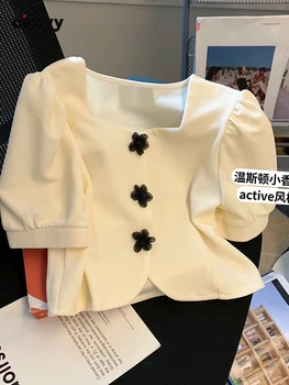 Дамски къси ризи Circyy, бежов летен топ с къс ръкав и тромаво яка, френски шик, модерен обикновена блуза с цветни копчета 2022 година, нови обикновена блуза