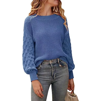 2024 Нов дамски Обикновен Пуловер с дълъг ръкав-Фенерче, Основни Блузи, Плетива на Есен, Топли Пуловери, Блузи, Прекрасни Пуловери