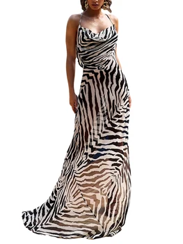 Жена Винтажное дълга рокля с леопардовым принтом в ивицата под рисувай зебра, лятно драпированное Секси рокля без гръб за коктейл, плажни партита, модни градинска облекло