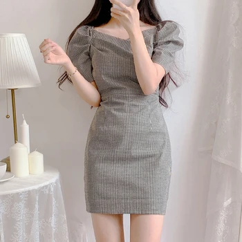 Лято 2020 г., на Корейското Винтажное Женствена рокля с квадратни деколтета, Клетчатое Пищни рокля с къс ръкав, Дебнещ Секси Мини рокля за жените