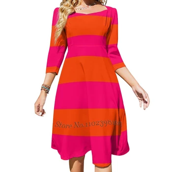 Яркото неоново-розово и оранжево рокля-палатка в хоризонтална ивица, рокля клеш с квадратни деколтета, Елегантна женствена рокля с модерен принтом