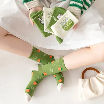 Дамски чорапи с анимационни заек морков и зелен цвят, сладък Модни забавни памучни чорапи за момичета в студентски Harajuku стил Kawaii