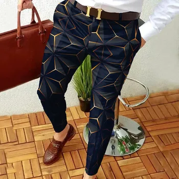 Мъжки приталенные панталони с принтом с цип и копчета, костюмные панталони, мъжки ежедневни модни дълги панталони, 6 поролонов