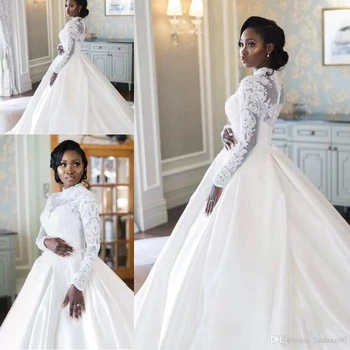 Мюсюлманските Африкански апликации Голям размер, Дантелено Сватбена рокля с дълги ръкави, Сатен облегалка, Сватбени рокли с високо воротом, Халати 2024