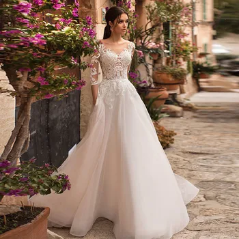 Сватбена рокля с ръкав три четвърти, Robe De Mariee, с кръгло деколте, модерно сватбена рокля Hochzeitskleid Illusion отзад, Vestido De Casamento, сватбени рокли