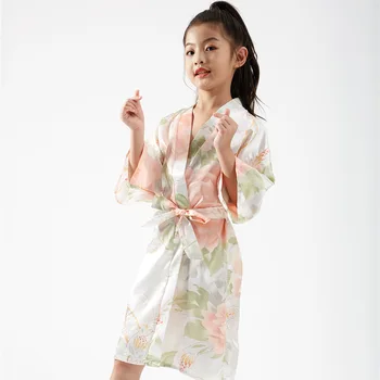 Нощница за малки момичета, детски копринени сатен кимоно с цветен модел, халати, пижами, дрехи за деца, домашни дрехи за деца