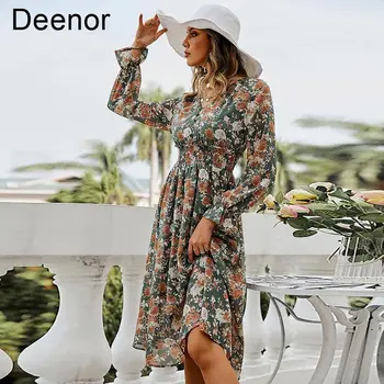 Женствена рокля Deenor, пола с флорални принтом, рокля с V-образно деколте и еластична талия, празнични ежедневни летни рокли