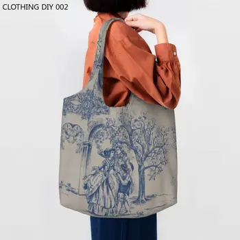 Реколта класическа френска чанта Toile De Jouy Тъмно син цвят с шарени за пазаруване, множество холщовая чанта за пазаруване, чанта за пазаруване през рамо