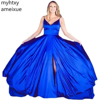 Секси синя вечерна рокля с V-образно деколте, бретельки-спагети, Атласное вечерна рокля с цип отзад, блестяща вечерна рокля голям размер, вечерен халат Soiree De