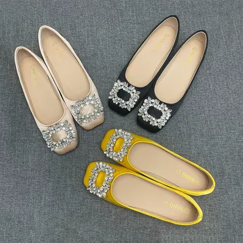 Обувки с квадратни диаманти върху плоска подметка, Дамски обувки, пролет 2024, Жълта, сладка, Черна, в ретро стил, Елегантен модерен ежедневни обувки