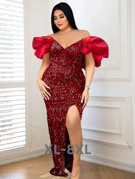 По-големи размери на Червените вечерни рокли С отворени рамене, Къс ръкав-фенерче, Секси V-образно деколте, висока цепка, облегающим блясък 3xl 4xl 5xl 6xl