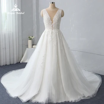 Модерна сватбена рокля трапецовидна форма от органза 2023, V-образно деколте, апликации без ръкави, елегантни рокли за младоженци с отворен гръб, Vestido De Noiva