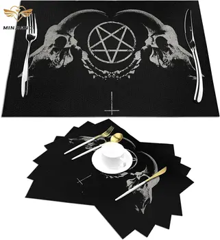 Готически оккультный символ на сатана-Пента Череп, комплект от 4 салфетки за маса за хранене, пластмасови подложки за изсушаване