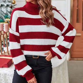 Коледен пуловер на червени райета, Бели джъмпери, Есен-зима, дамски дебела поло Y2k 2023, блузи, Пуловери