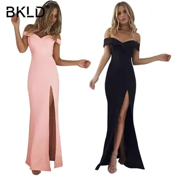 BKLD, Новост есента 2020, Елегантен модерен секси вечерна рокля-тръба с открити рамене, без презрамки, сексуална maxi-дълга рокля с V-образно деколте и цепка до бедрото,