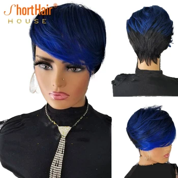 Перука с къса коса цвят Pixie синьо Омбре от човешка коса с бретон за черни жени Реми Бразилски напълно машинен вълнообразни перука