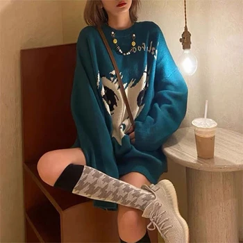 Ретро пуловер с портрет принтом Y2K Street Harajuku Есен/Зима Унисекс, Красиви Корейски пуловер с едра тел в стил аниме