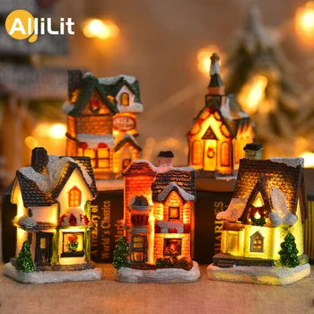 Коледна Украса 2024 нова година Нощно LED Светлинен Снежна Къща Скулптура Домашни Занаяти, изработени от Смола Коледен Подарък за Деца
