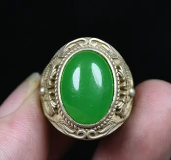 Бижу, пръстен на пръста с двойно дракон от сребристо-зелен нефрит стария китай Мяо 2,5 см