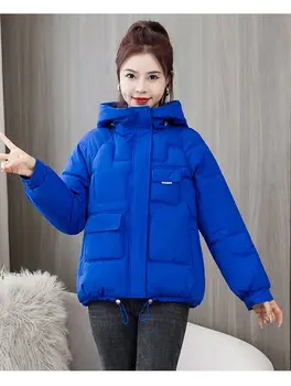 2023 Есенно-зимния ново дамско палто, свободно памучни палта, Къси памучен яке голям размер с качулка, памучно палто на лигавицата