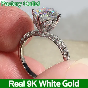 Пръстен от бяло злато 9 карата, женски пръстен за годишнина от годеж, Годежен пръстен с кръгла муассанитом, брилянт цвете короната, модерен, 1, 2, 3, 4 карата