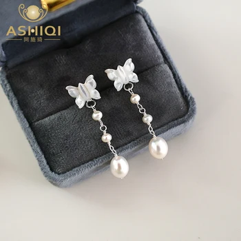 ASHIQI Естествени сладководни перли Обеци от сребро Проба 925 с Естествена мивка Пеперуда Модни бижута за жени