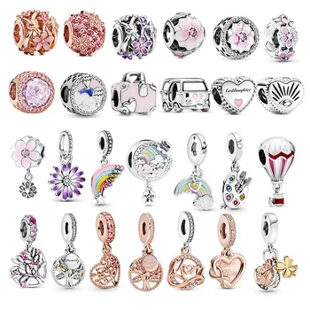Розова чанта за пътуване, кемпер, балон, Розови висулки във формата на цвете Магнолия, сребро 925 проба, гривна Pandora, бижута подарък за жени
